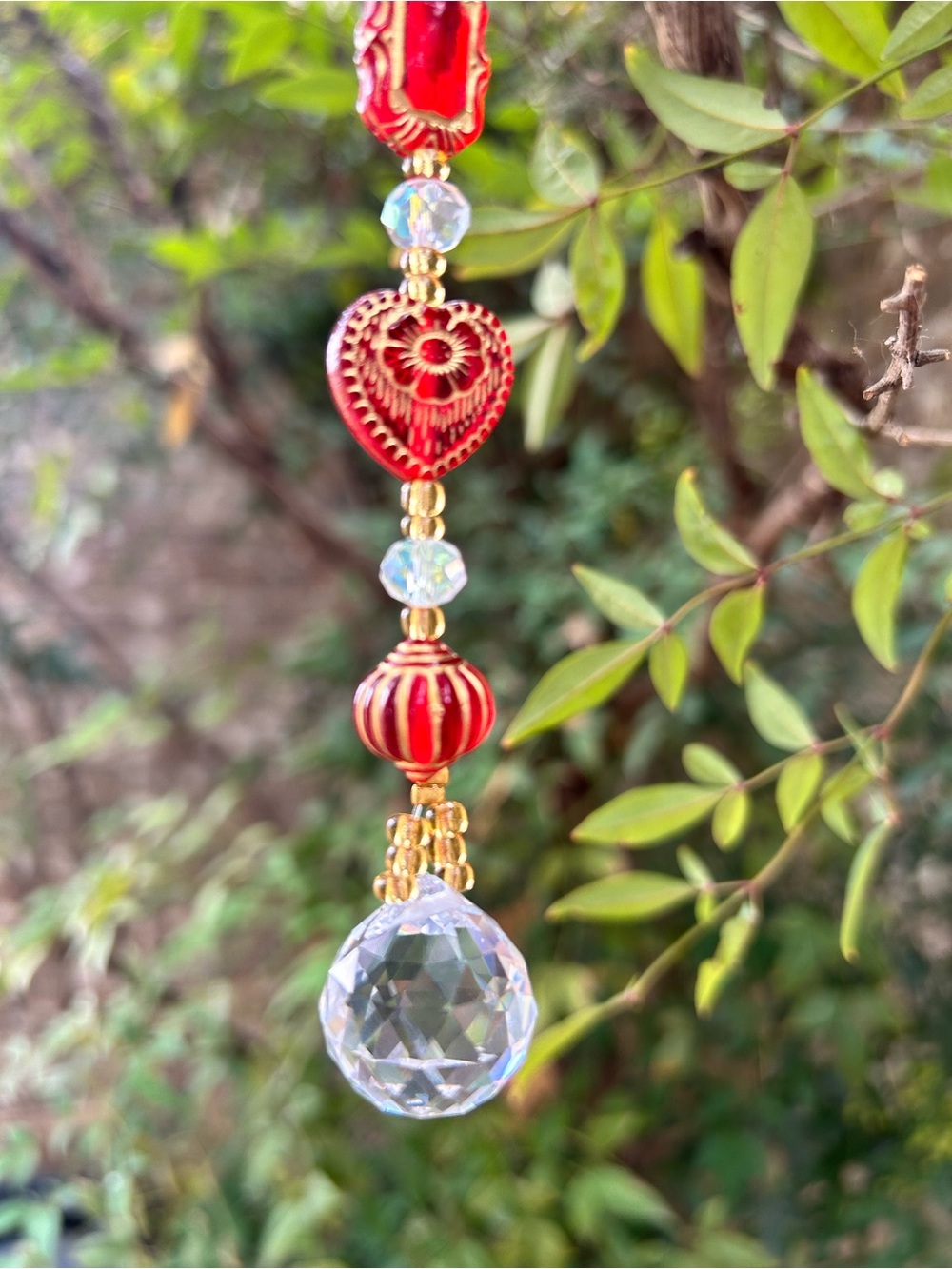 9.25” red heart + clear prism crystal beaded small suncatcher sun charm decor